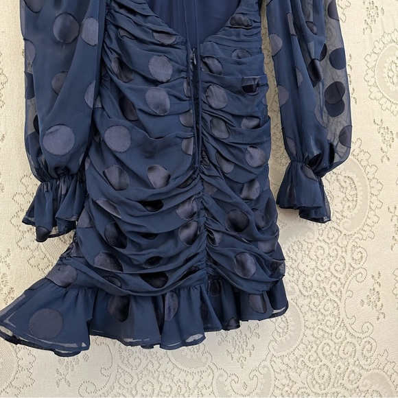 For Love and Lemons Navy Blue Polka Dot Chiffon Ruched Lula Mini Dress - Picture 12 of 16